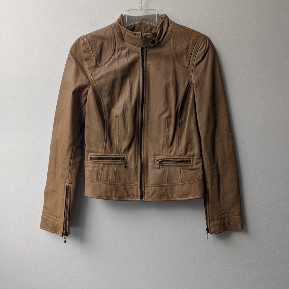 Vtg Y2K Forever 21 Genuine Leather Moto Jacket Tan Zip Up Biker Sz S Minimalist